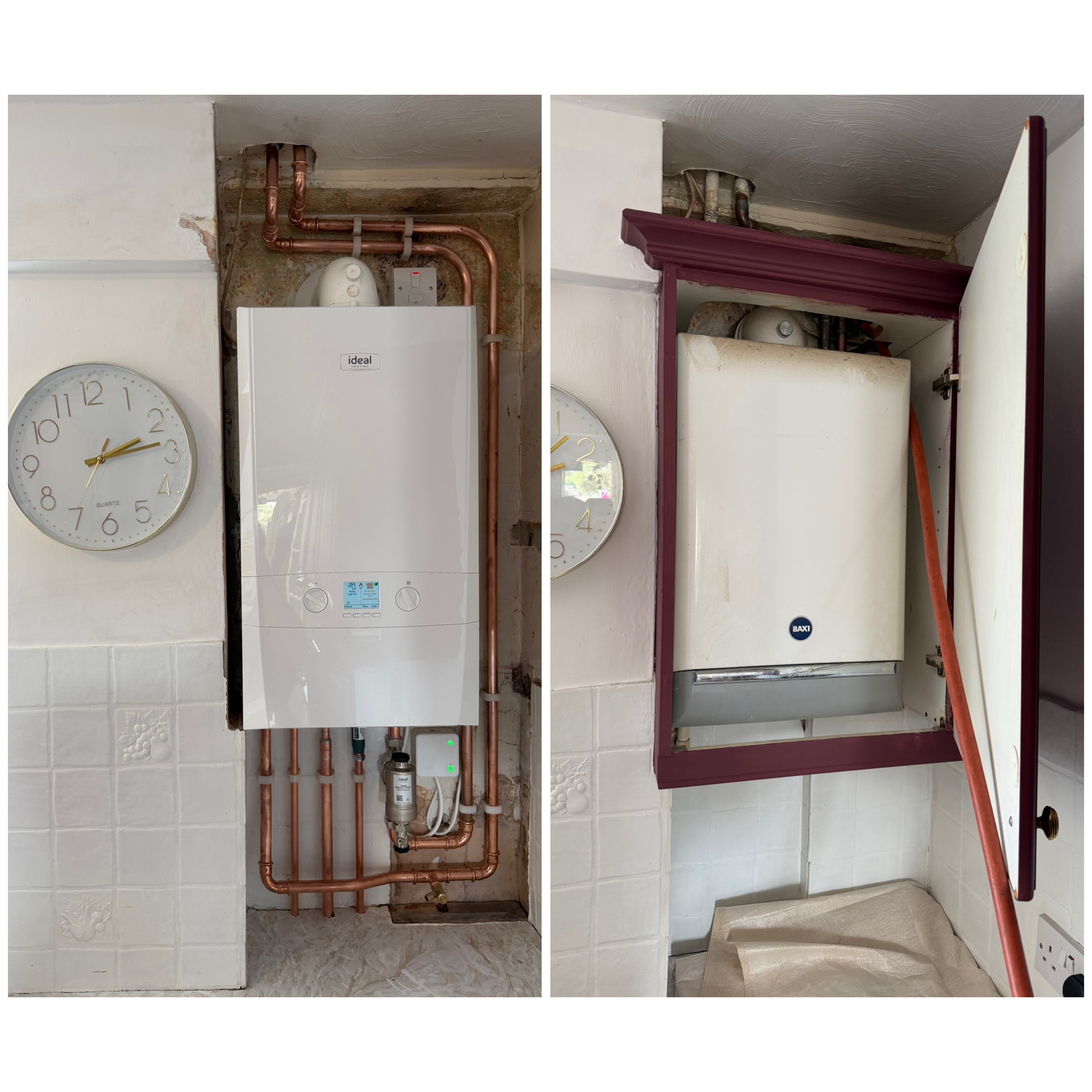 New white Ideal Heating combi boiler with clean copper pipework, next to the old cream Baxi boiler it replaced