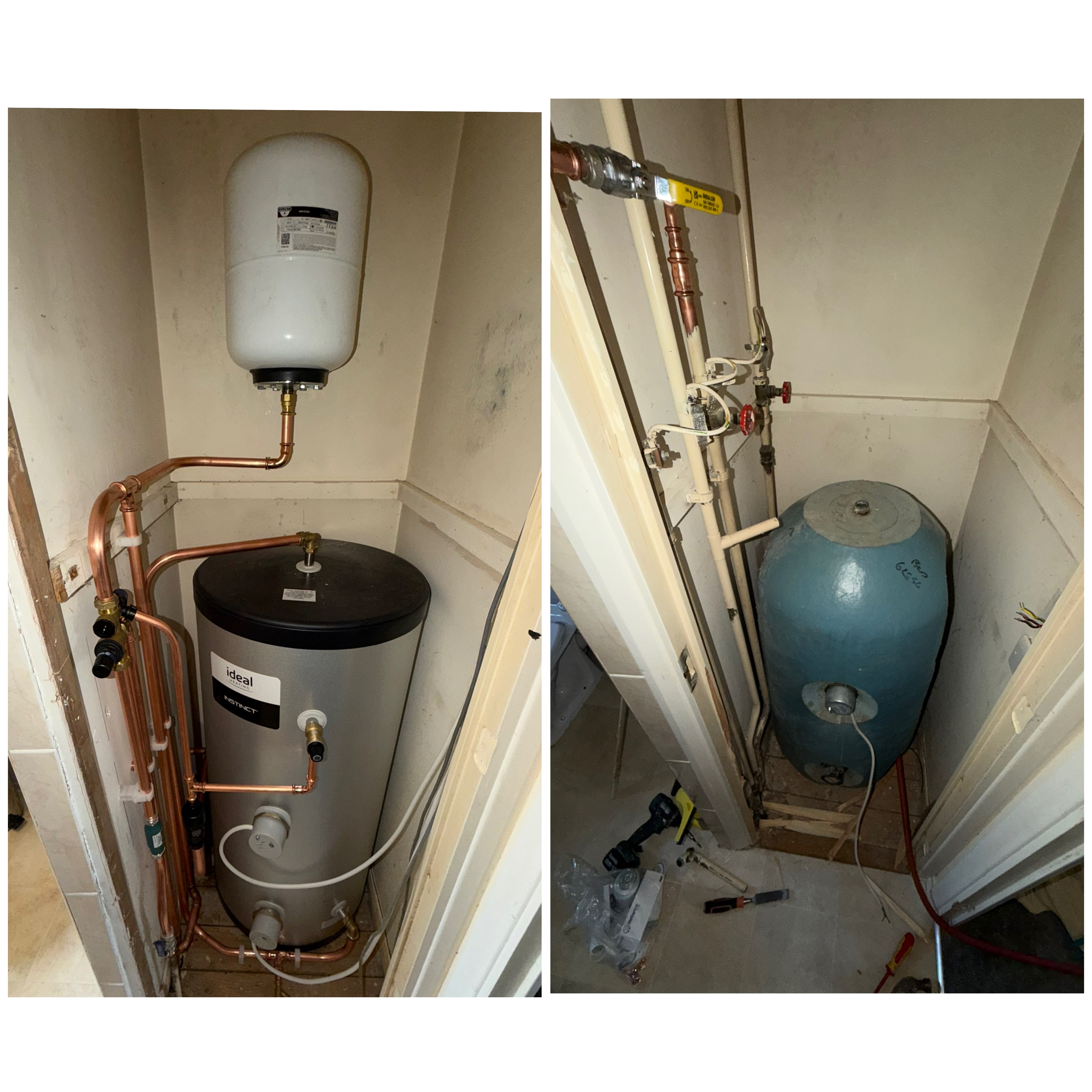 New Ideal Heating Instinct unvented hot water cylinder with neat copper pipework, next to the old blue cylinder it replaced