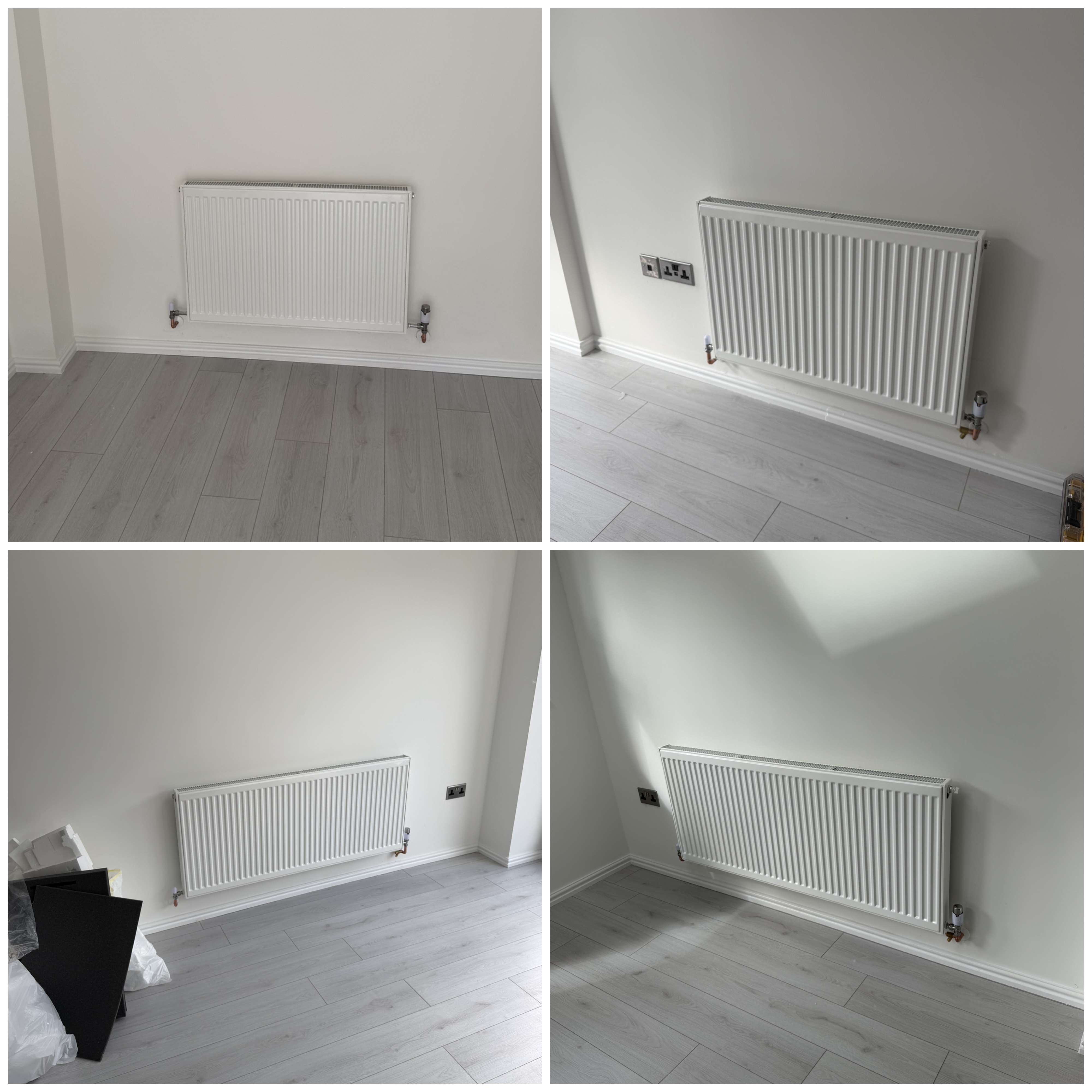 Four newly fitted white panel radiators across different rooms with grey laminate flooring and clean white walls