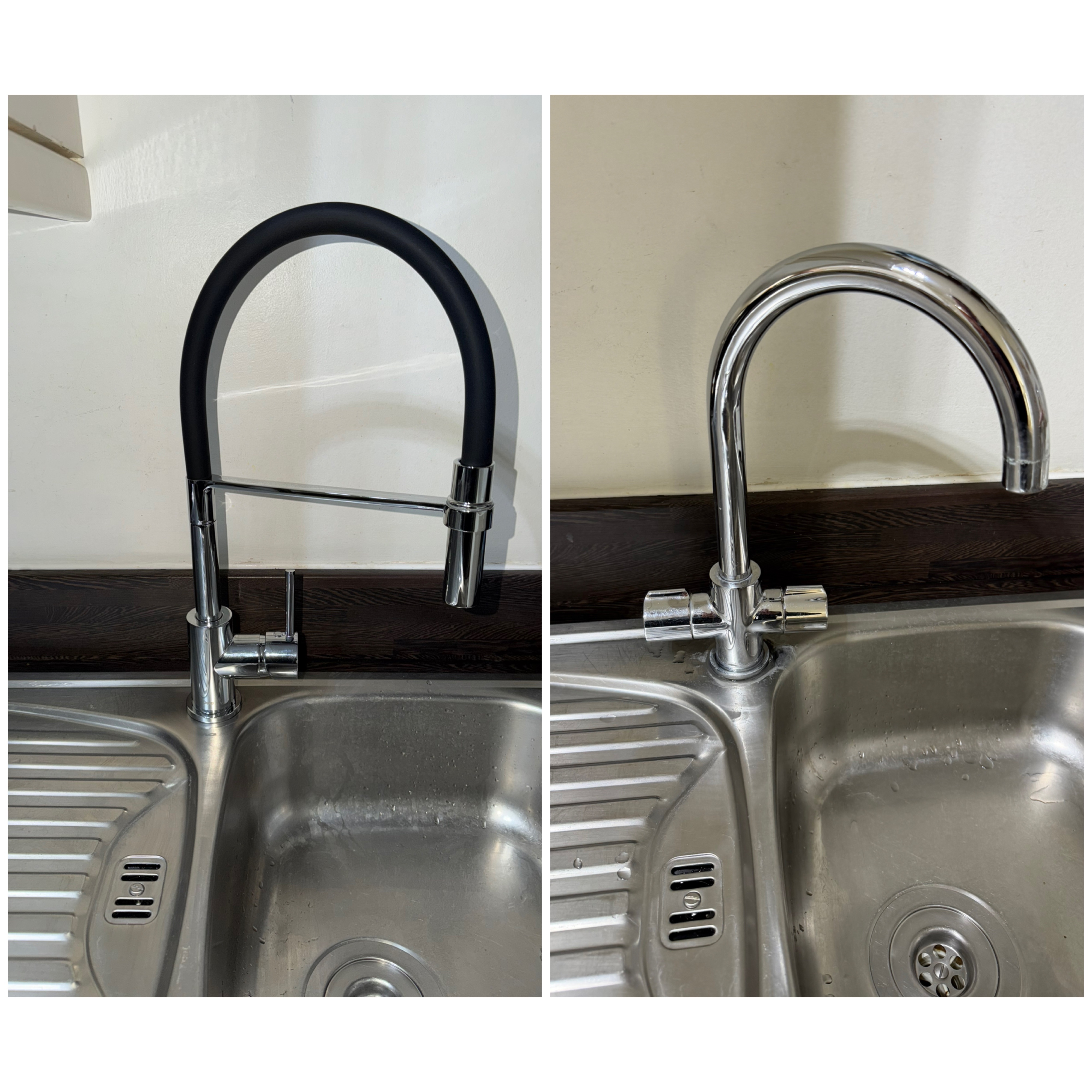 A new chrome gooseneck kitchen mixer tap alongside a matte black pull-down mixer tap over a stainless steel sink