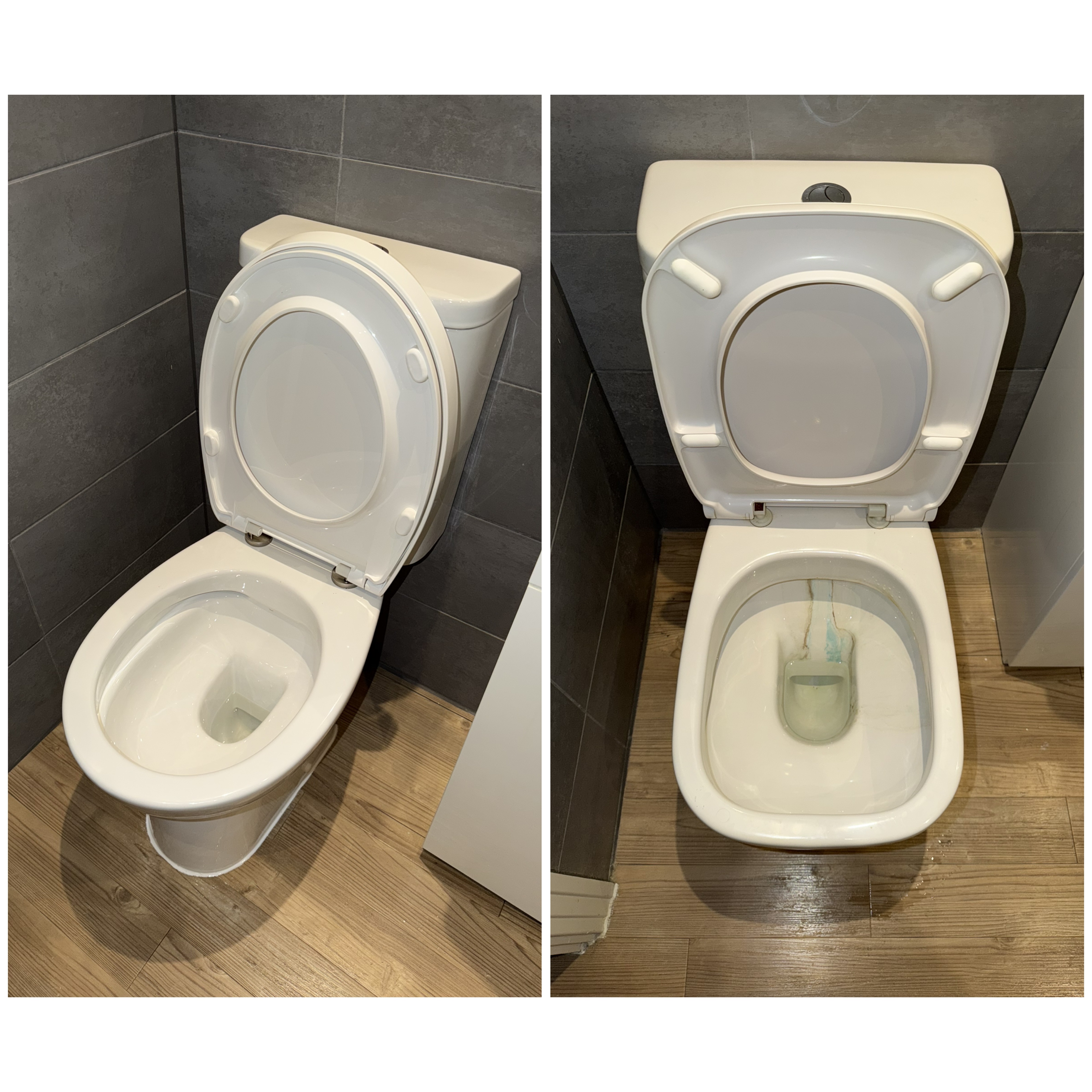 A new modern square close-coupled toilet next to the older rounded toilet it replaced, against grey tiled walls